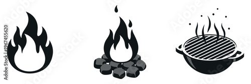 Fire symbols depicting burning states for camp and grill