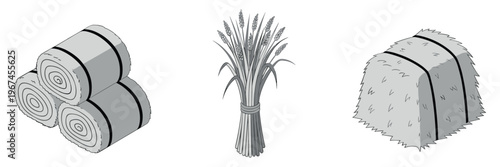 Hay bales and wheat sheaf displayed on plain white background