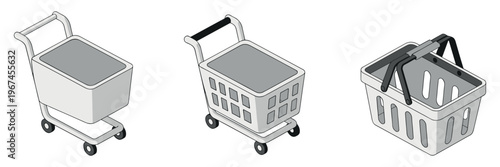 Three shopping carts and baskets in isometric view on white background