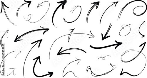 Various black ink doodle arrows with curved lines and circular shapes on transparent background layer.