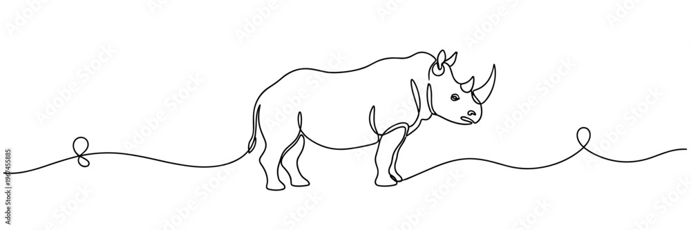 Fototapeta premium Rhinoceros standing along continuous line on white background, none editable strokes