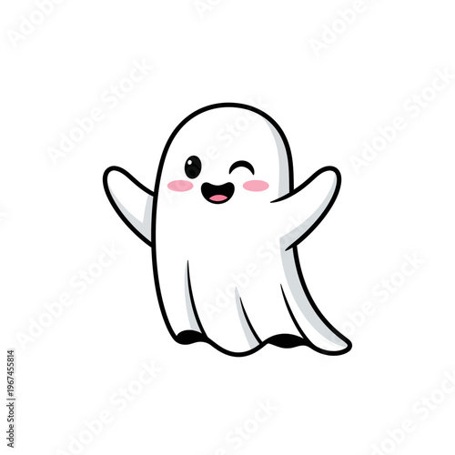 Cute cartoon ghost winking and waving friendly and cheerful spirit.