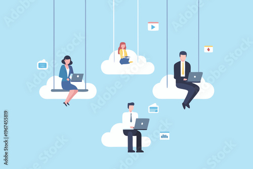 People working remotely on cloud shaped swings a modern workplace concept