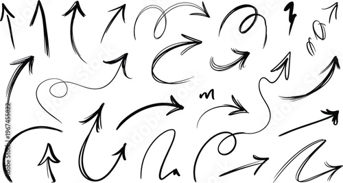 Assorted hand drawn arrows vector collection of black brush strokes and doodle pointer signs design.