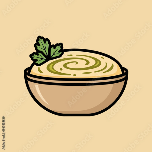 Delicious creamy hummus served in a bowl with a parsley garnish ready to eat.