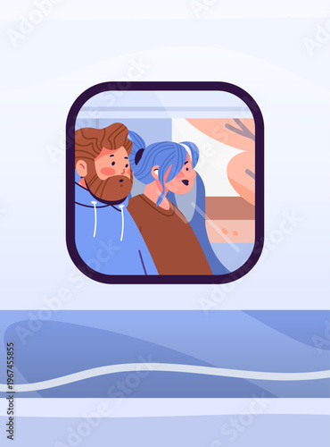 Young couple traveling on a high-speed train outdoors view