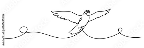 Bird flying above continuous line in minimalist white space, none editable strokes