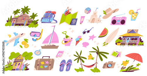 Tropical holiday graphics beach accessories vector set