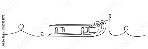 Wooden sled resting on continuous line winter scene simple illustration, none editable strokes