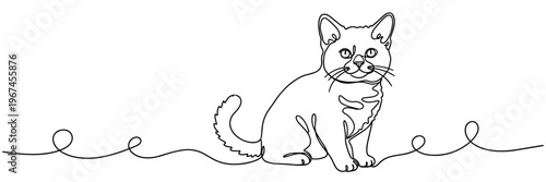 Cat sitting calmly on continuous line illustration white background, none editable strokes