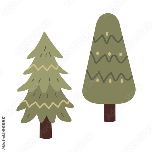 pair of stylized vector forest fir trees with patterned leaves isolated on white background