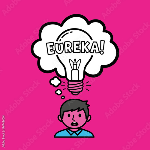 Eureka moment of a person with a lightbulb thought bubble.