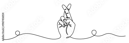 Hand with crossed fingers gesture above surface in line drawing, none editable strokes