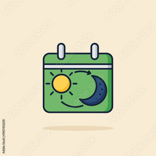 Green calendar icon depicting the cycle of day and night with sun and moon.