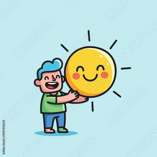 Happy person holding a smiling sun radiating joy and positivity in a cheerful illustration.