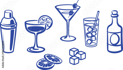 Refreshing drink elements set with juice glass lemon mint and ice in outline sketch hand drawn vector illustration