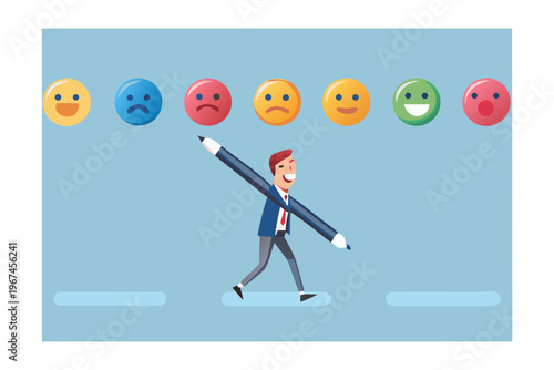 Man drawing a line through a row of colorful facial expression emoticons