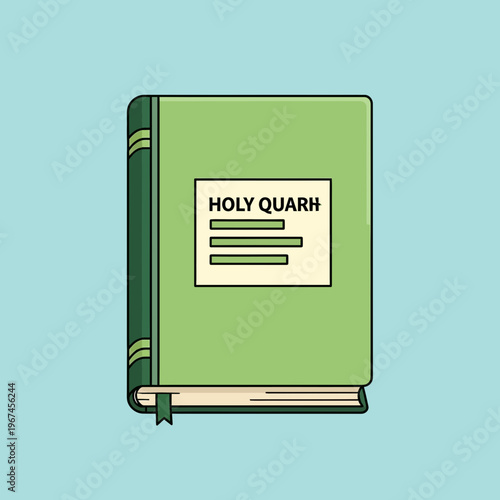 Green book titled Holy Quarh with a bookmark on a light blue background.