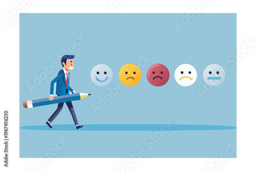 Businessman leading a line of emoticons with a large pencil