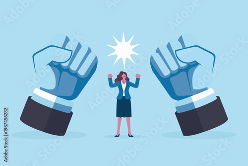 Woman stands between colliding hands symbolizing strength and overcoming obstacles