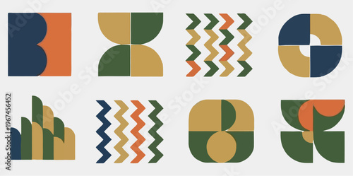 Bauhaus style geometric shapes collection, mid-century modern abstract vector elements, set of 8 minimalist icons in earth tones