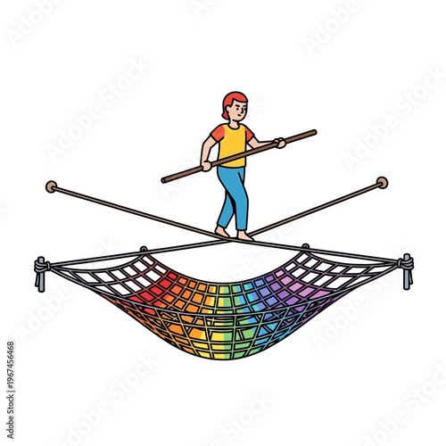 Person balancing on a tightrope with a rainbow net below.