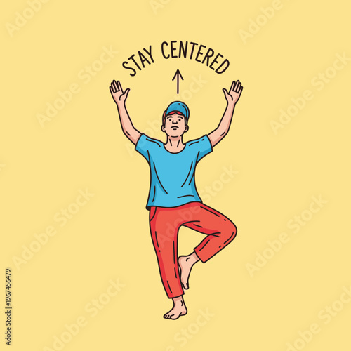 Person balancing and staying centered with arms raised in yoga pose.