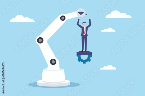 Robotic arm places a gear on top of a businessman s head