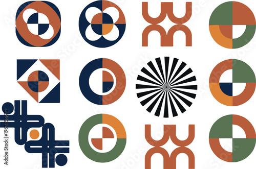 Retro geometric logo set, 12 abstract mid-century modern vector icons, minimalist bauhaus style symbols in terracotta and navy blue