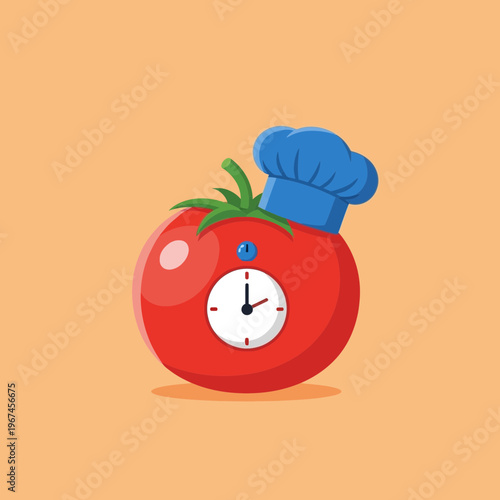 Tomato chef with clock representing cooking time and culinary concept.