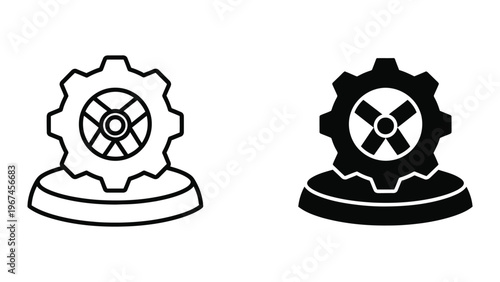 Contrast between monochrome and bold gear icons on circular bases