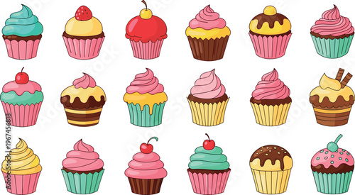 Collection of Colorful Cupcakes with Various Frostings, Sprinkles, and Toppings for Dessert and Bakery Illustration