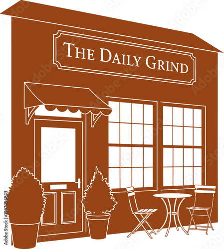 Cozy cafe storefront interior facade with awning signage and exterior seating