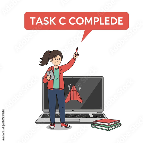 Woman completing task with laptop and books showing task completion message.