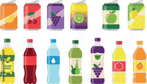 Collection of Colorful Juice Cans and Bottles with Various Fruit Flavors, Beverage Packaging Illustrations for Food and Drink Designs