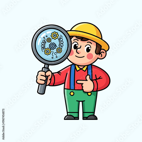 Young boy with magnifying glass examining germs and bacteria.