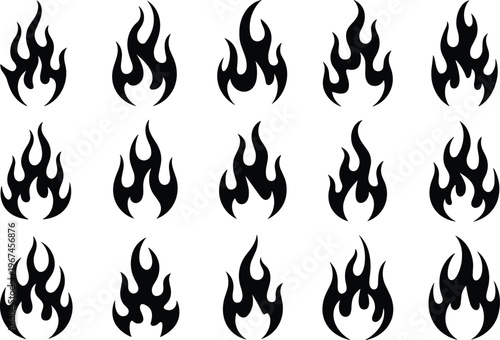 Collection of various black fire flame silhouettes in simple flat style on transparent background.