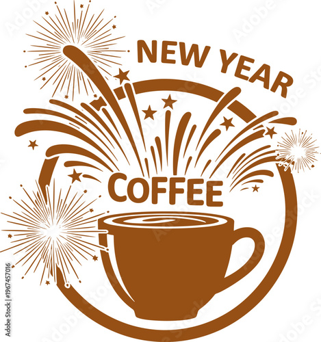 New year coffee celebration graphic with decorative fireworks and stars surrounding hot mug silhouette for holiday festivities