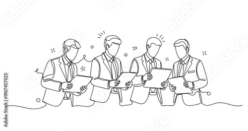 Line art of caucasian male business team analyzing documents. None editable stroke
