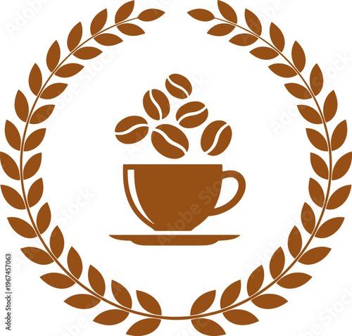 Organic coffee bean wreath illustration with falling beans over mug and saucer silhouette for natural agricultural branding