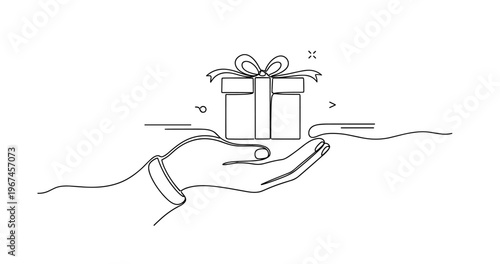Minimalist line art of hand presenting a gift box with bow. None editable stroke