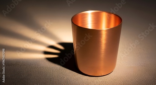 A single, shining copper cup casts intricate shadows on a plain, textured surface, evoking a sense of simple elegance and warmth