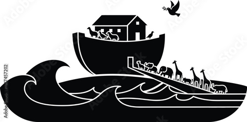 Noah Ark Sailing Through Waves Monochrome Minimal Vector Design