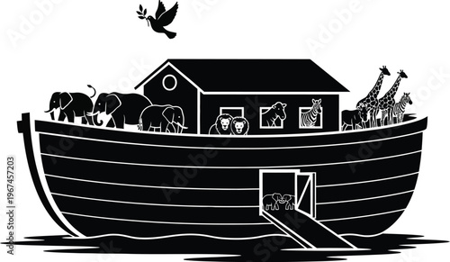 Simple Black Noah Ark on Water Waves Illustration