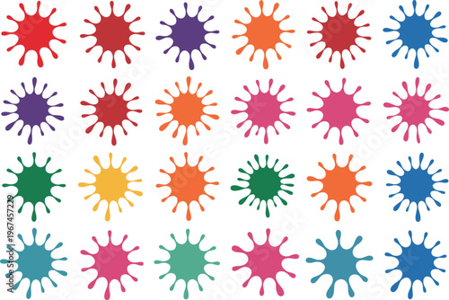 Colorful paint splatter collection various ink blot shapes isolated on grid transparent background.