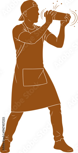 Silhouette of a person wearing apron and cap, shaking cocktail shaker, energetic motion graphic