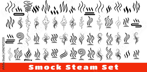 Smock steam set collection of abstract icons for hot food coffee aroma smell or warm vapor from bowl