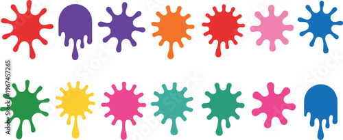 Dripping liquid paint splat set colorful ink blots and drops isolated on transparent background art.