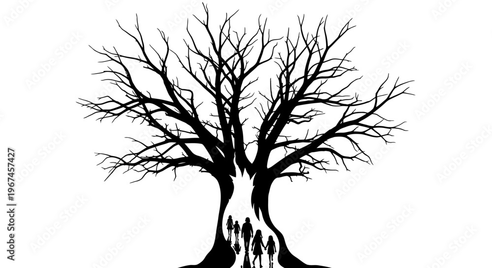 Obraz premium Silhouette of people standing under bare trees.