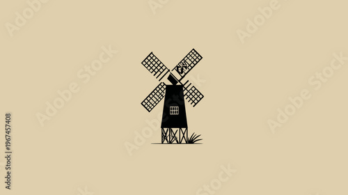 A windmill icon in black and white on a light brown background